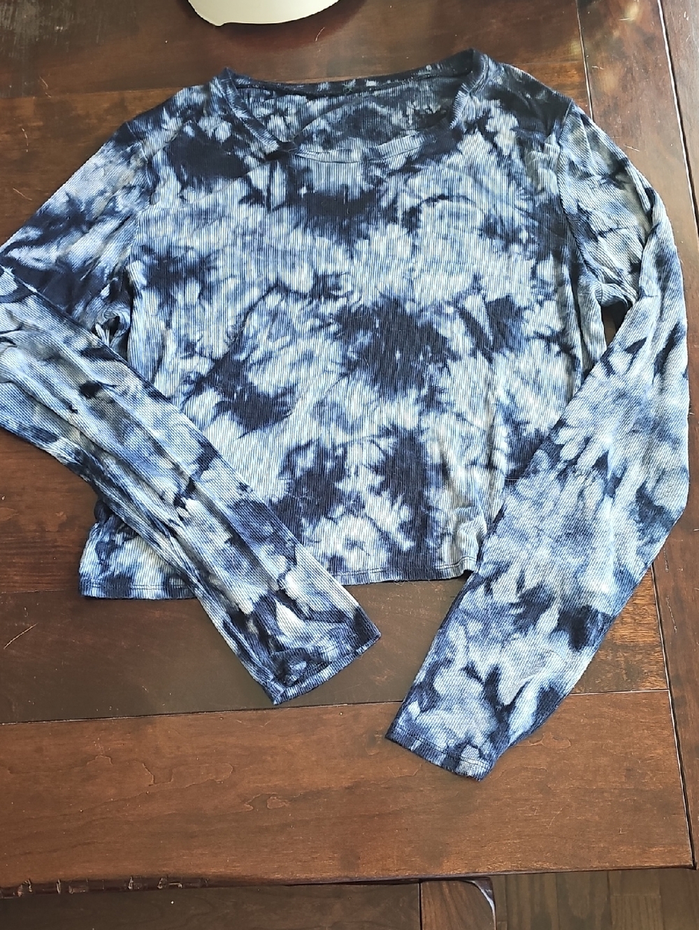 Soft Cropped Blue Tie-Dye Long Sleeve Ribbed Top